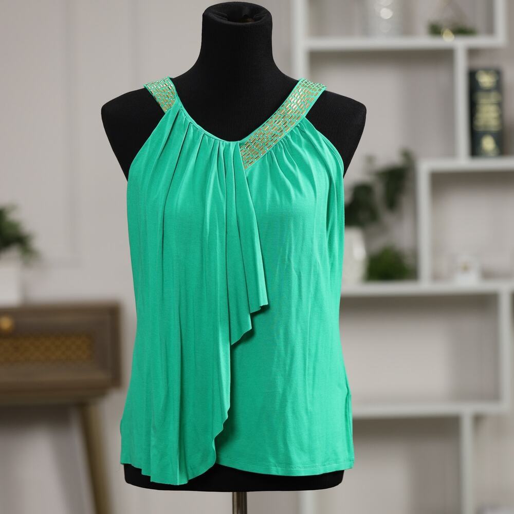 NWT Cynthia Steffe Green Draped Sleeveless Blouse Gold Embellished V-Neck Size S
